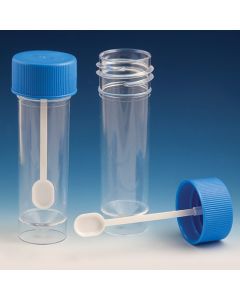 Container, Fecal, 30mL, Attached Screwcap with Spoon, PS, Conical Bottom, Self-Standing, 100/Bag, 5 Bags/Unit