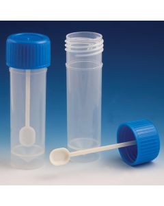 Container, Fecal, 30mL, Attached Screw Cap with Spoon, PP, Conical Bottom, Self-Standing, 100/Bag, 5 Bags/Unit