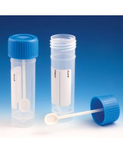 Container, Fecal, 30mL, Attached Screw Cap with Spoon, PP, Conical Bottom, Self-Standing, Attached ID Label, 50/Bag, 10 Bags/Unit