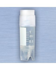 CryoCLEAR vials, 1.0mL, STERILE, External Threads, Attached Screwcap with Co-Molded Thermoplastic Elastomer (TPE) Sealing Layer, Conical Bottom, Self-Standing, Printed Graduations, Writing Space and Barcode, 50/Bag, 10 Bags/Case