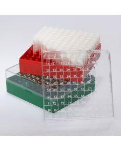 BioBOX 100, for 1.0mL and 2.0mL Internal Threaded CryoCLEAR vials, Polycarbonate (PC), Holds 100 vials (10x10 format), Printed Lid, Pack Includes a CryoClear Tube Picker, WHITE