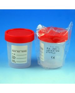 Specimen Container, 4oz, with 1/4-Turn Red Screwcap and Tri-Lingual ID Label, STERILE, PP, Individually Wrapped, Graduated