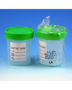 Specimen Container, 4oz, with 1/4-Turn Green Screwcap and Tri-Lingual ID Label, STERILE, PP, Individually Wrapped, Graduated