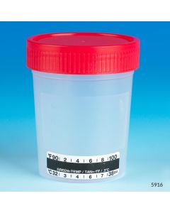 Specimen Container, 4oz, with Attached Thermometer Strip, Separate 1/4-Turn Red Screwcap, Non-Sterile, PP, Graduated, Bulk