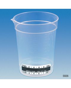 Specimen Container, 6.5oz, with Attached Thermometer Strip, Pour Spout, PP, Graduated
