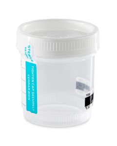 Drug Test Container, 90mL, Wide Mouth, Attached White Screwcap, STERILE, Tab-Seal Patient ID Label & Celsius Thermometer Strip, PP