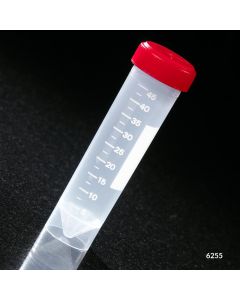Transport Tube, 50mL, with Attached Red Screw Cap, PP, Printed Graduations, Conical Bottom, Self-Standing, STERILE, 25/Bag, 20 Bags/Unit