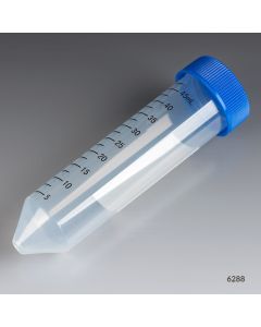 Centrifuge Tube, 50mL, Attached Blue Flat Top Screw Cap, PP, Printed Graduations, STERILE, 25/Rack, 20 Racks/Unit